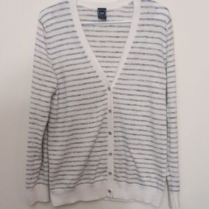 Gap White and Gray Stripped Button Down Cardigan EUC Size XL.